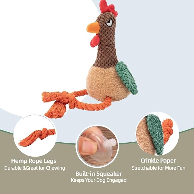 Plush Chicken Dog Toy with Squeaker, Interactive Rope Legs for Small and Medium Dogs, Multicolor Tug and Fetch Chew Rooster Toy