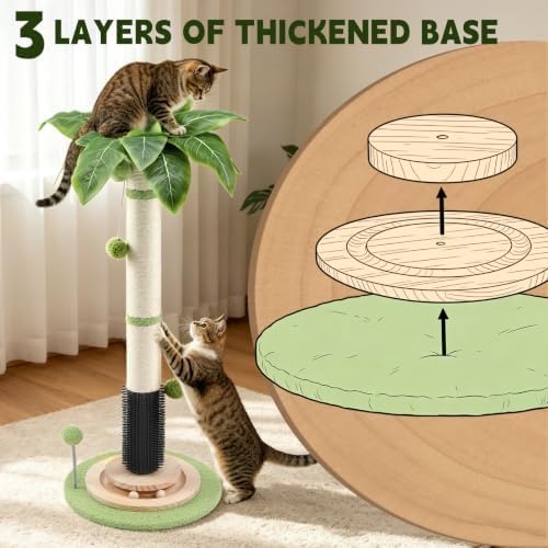 39.4'' Tall Cat Scratching Post,3.5 Inch Wide Sisal Cat Scratcher Tree with Leaves,Interactive Cat Toys for Indoor