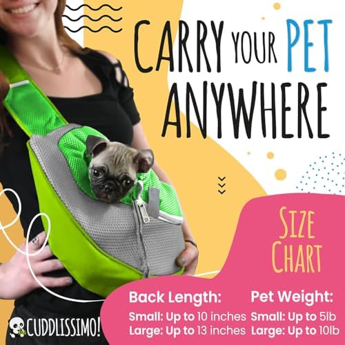 Cuddlissimo Small Dog Sling Carrier, Pet Cat Sling, Puppy Pouch - Green-S