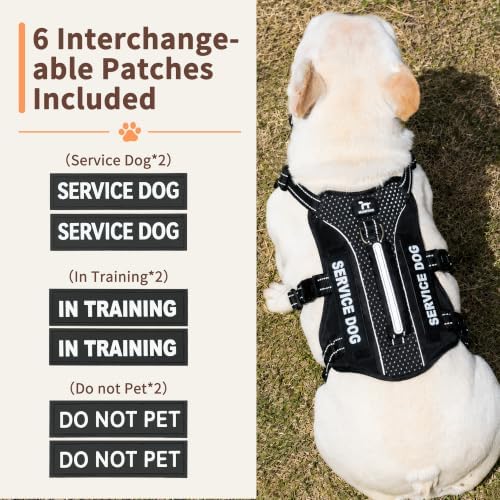 Huntboo Service Dog Vest Harness, Escape Proof Harness with 6 Patches, No-Pull, Reflective Harness with Handle, Adjustable for Small to Large Dogs, for Training and Hiking (Black, XS)