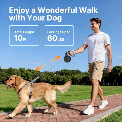10Ft Retractable Dog Leash with Auto-Locking Function, 360°Tangle-Free Retraction and Ergonomic Lightweight Handle for Small Dogs Up to 60Lbs