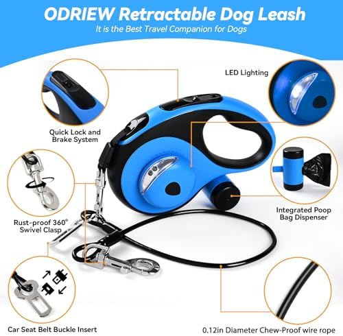 26ft Retractable Dog Leash for Large Dogs Up to 110lbs, LED Light, Blue