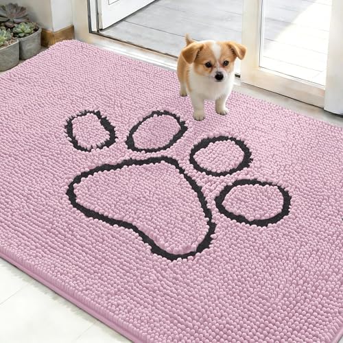 OLANLY Dog Door Mat for Muddy Paws 48x30, Paw Print Design Chenille Mud Mat