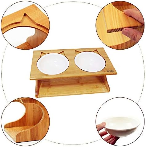 Cat Bowls Pet Dining Table with Raised Slope Wooden Stand Elevated Pet Bowls with Oblique Stand for More Comfortable Eating for Cats, Dogs, Kitten and Puppy (Double Bowl, Ceramics)