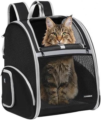 Pet Backpack Carrier, Large Cat Carrier Backpack Up to 20 Lbs with Breathable Mesh, for Medium Large Cats or Small Dogs, Travel Hiking Camping Backpack (Black-XL)