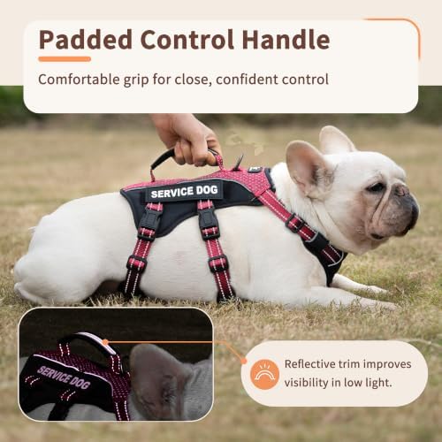 Huntboo Service Dog Vest Harness, Escape Proof Harness with 6 Patches, No-Pull, Reflective Harness with Handle, Adjustable for Small to Large Dogs, for Training and Hiking (Red, M)