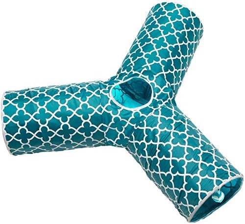 Cat Tunnel - Collapsible 3 Way Quatrefoil Play Toy - Tube Fun for Rabbits, Kittens, and Dogs - Quatrefoil Teal/White