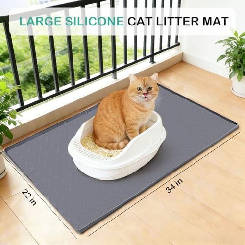 SORKUT Cat Litter Mat 34x22 Inch, Large Silicone Litter Box Mat for Floor Protection, Waterproof & Non-Slip, Soft for Cat Paws, Easy to Clean, Leak-Proof Edge, Gray