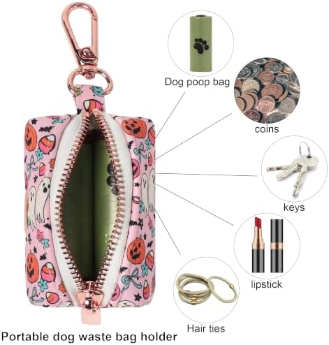 ARING PET Halloween Dog Poop Bag Holder, Cotton Puppy Pink Pumpkin Ghost Waste Bag Dispenser Attach to Any Leashes, Portable Washable Pet Waste Pouch Holder with Two Rolls of Bags
