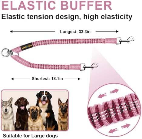 MingXpet 2 Dog Leash, Dog Leash for 2 Dogs, 360° Swivel No Tangle Double Walking Training Leashes for Large Dogs that Pull, Comfortable Shock Absorbing Reflective Bungee, Pink