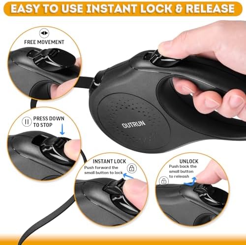 OUTRUN Retractable Dog Leash 26 FT Tape up, to 110 lb, No Tangle, Black