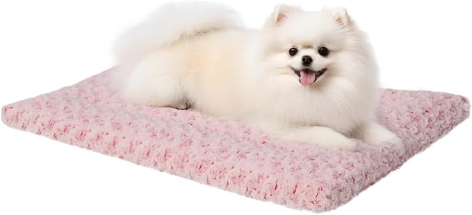Exsnugy Washable Dog Bed Mat Medium Size Fluffy Pet Crate Pad 30x19 | Non-Slip Bottom Kennel Beds Ultra Soft Comfy Sleeping Mattress for Large Medium Small Dogs Pink