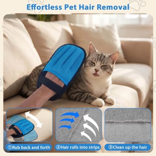 SUETT 2-Pack Pet Hair Removal Gloves, Reusable Five-Finger Grooming Gloves for Dogs and Cats, Removes Pet Hair from Clothes, Sofas, Carpets, and Car Seats, Blue