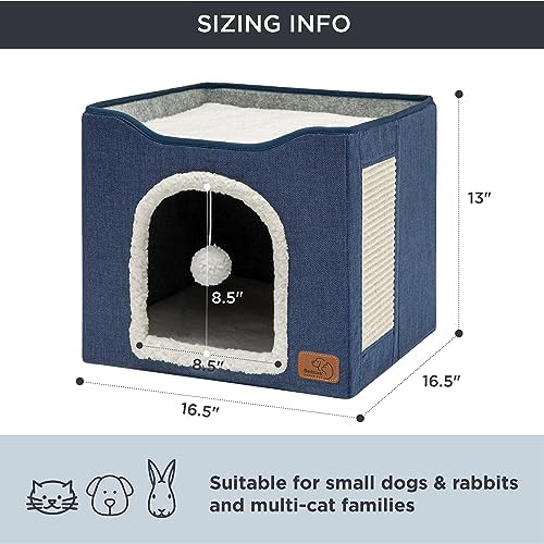 Bedsure Cat House Bed for Indoor Cats with Fluffy Ball and Scratch Pad,Blue