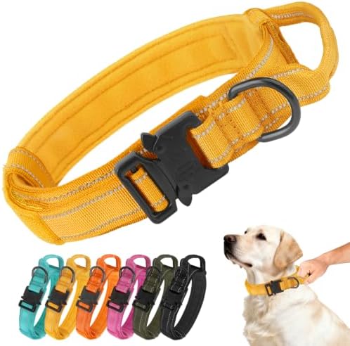 Tactical Dog Collar Military Adjustable Pet Collar with Control Handle, Reflective Heavy‑Duty Metal Buckle, Soft Padded Nylon Training Collar for Medium Large Dogs (Yellow, Large)