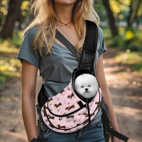 COEQINE Dog Carrier for Medium Dogs Pink Kawaii Dachshund Dog Crossbody Purse with Thick Padded Shoulder Strap Hands-Free Soft Pouch and Tote Design for Small Cats Travel