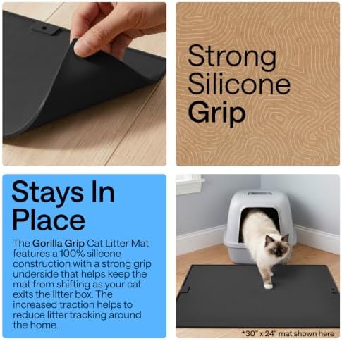 GORILLA GRIP Cat Litter Box Mat, Easy Clean Silicone Mats, 24x15 Black