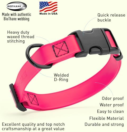 Dogline Biothane Waterproof Dog Collar with Quick Release Buckle Strong Coated Nylon Webbing with Odor- Proof for Easy Care Easy to Clean Fits Small Medium or Large Dogs, Pink 3/4" W 12-19" L