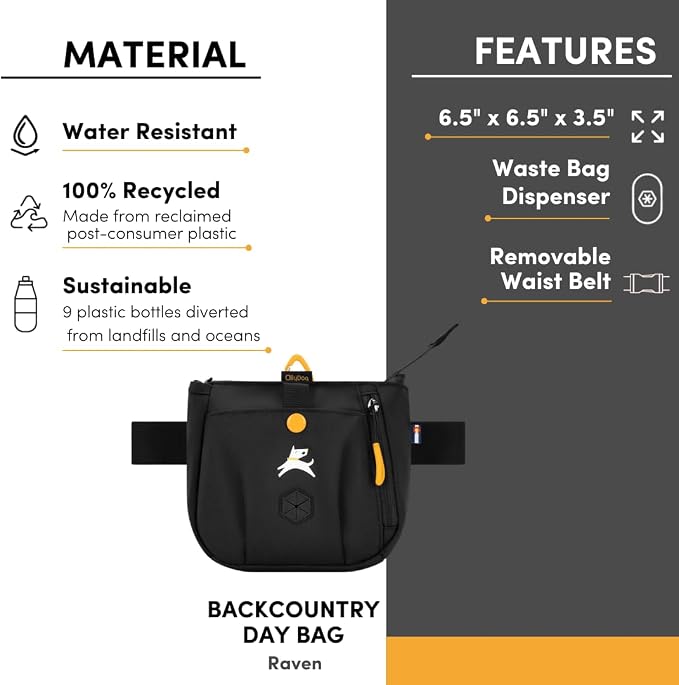Backcountry Day Bag | Hands-Free Dog Training Treat Pouch | Fanny/Hip Pack with Zipper Closure & Built-in Poop Bag Dispenser | Removable Waist Clip (Raven S'25)