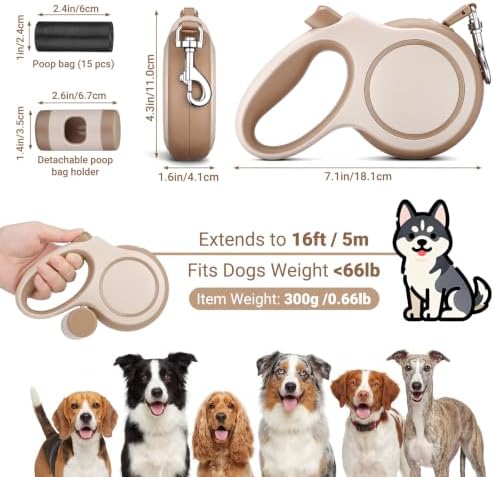 Segarty 16 Ft Retractable Leash with Detachable Poop Bag Holder for Walking, 5m Dog Leash for Small Medium Pet up to 66Lbs, 360°Tangle-Free Dog Lead with Anti-Slip Handle & One-Handed Brake Pause Lock