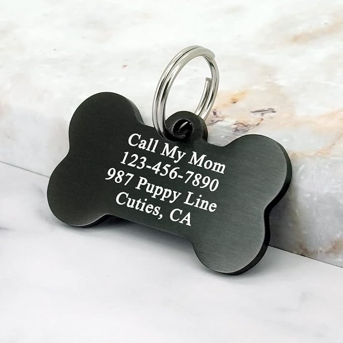 Ultra Joys Personalized Dog Tags for Pets - Durable Stainless Steel Customizable Dog Cat ID Tags - Dog Tags for Safety Optional Engraved on Both Sides -Bone Shape Dog Tag Small Size, Black