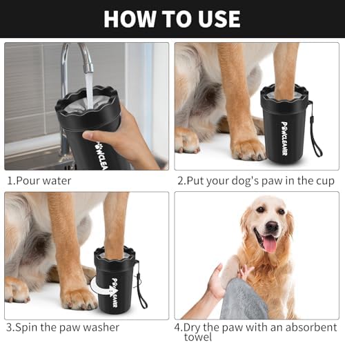 Professional 7 in 1 Dog Paw Cleaner for Dogs & Cats - Includes 1 Portable Paw Washer, 1 Bath Brush, 2 Dog Toothbrushes and 3 Absorbent Towels Note: Fits Paws 1.5 to 2.5 Inches Wide (Medium, Black)