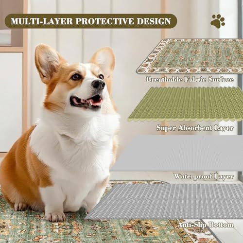 Washable Pee Pads for Dogs, 2 Pack Reusable Puppy Pads Absorbent Training Pads for Dogs Waterproof Dog Mat Non-Slip Whelping Pet Mat (Green/Flower, 36“×24”-2Pack)