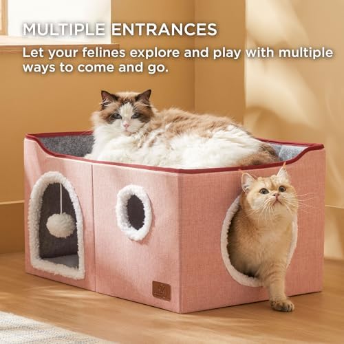 Bedsure Extra Wide Cat House Bed with Fluffy Ball and Scratch Pad,Pink
