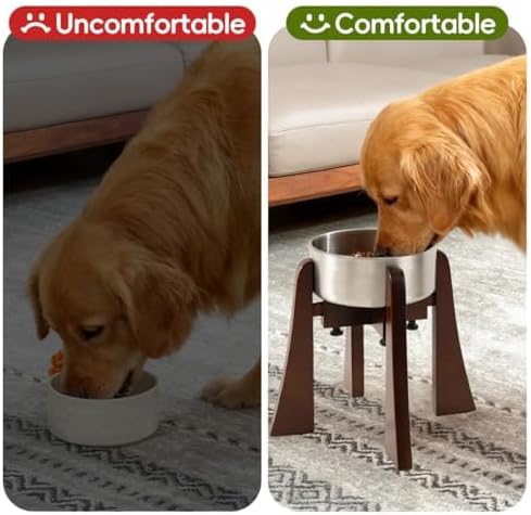 Solid Wood Elevated Dog Bowl Stand with Adjustable Width, 10-Inch Raised | Fits 6.3-7.8 Inch Dog Food & Water Bowls, Non-Slip Base, Ergonomic Design for Corgis, Beagles, Medium Breeds, Stand Only
