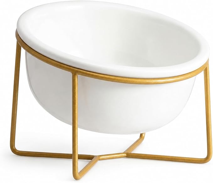 White Small Ceramic Tilted Elevated Cat Dog Bowl Raised Cat Food Water Bowl Dish Pet Comfort Feeding Bowls with Gold Iron Stand