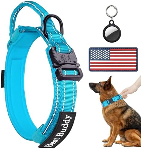 AUBELL Reflective Tactical Heavy Duty Dog Collar with Handle,Blue M