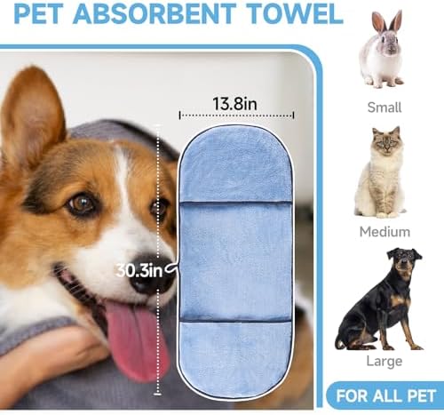 Dog Towels for Drying Dogs Small Medium Large, 2 Pack Dog Cat Drying Bath Towel 30.3"x13.8" with Hand Pocket,Absorbent Pet Towel for Dog Cat Blue
