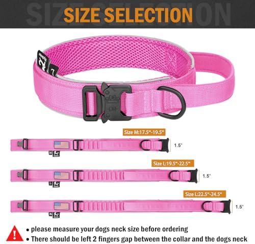 HYDEME Tactical Dog Collar, Alpine Loop Adjustable Military Training Nylon Dog Collars with Handle and Reflective for Small Medium Large Dogs, with Airtags Protective Case & Patches.(L,Pink)