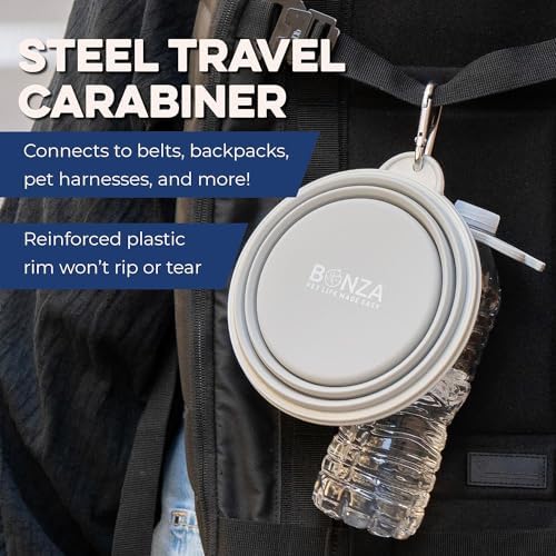 Bonza Collapsible Dog Bowls - Small 12 oz, Dog Travel Accessories, Silicone Portable Dogs Bowl & Water Dish with Reinforced Rim & Carabiner for Hiking, Camping, and Car Trips, Black