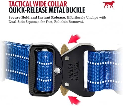 Tuff Pupper Tactical Dog Collar | Heavy Duty 1.5" Wide Ballistic Nylon | Training Control Handle | Quick-Release Metal Buckle | Reflective Bands | ID Tag Holder | Padded Inner Lining (Blue, Medium)