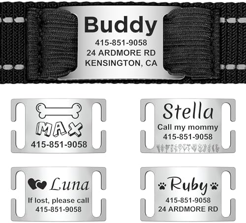Nylon Personalized Dog Collars - Reflective Dog Collar with Name Tag Engraved, Soft Neoprene Padded Breathable Dog Collar Adjustable for Small/Medium/Large Dogs (Black, M)