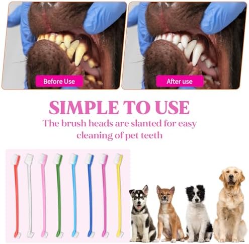 200Pcs Dog Toothbrushes, Dual Headed Dog Tooth Brush Bulk, Long Handle Plastic Pet Toothbrush for Large Small Dogs Cats Puppy Teeth Cleaning Dental Care Supplies 8 Colors