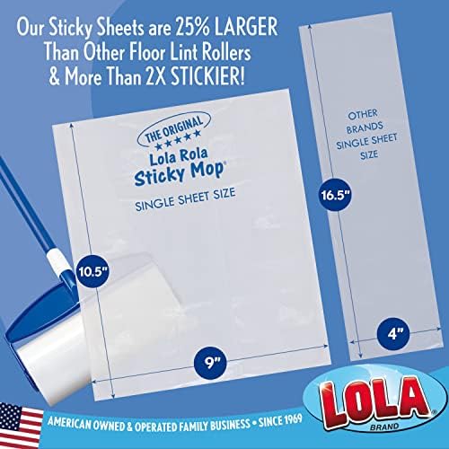 LOLA Rola PET Hair Remover Sticky Mop, Giant Floor Lint Roller, 9.5" x 3.5", Extender Handle, Largest Head, Traps Hair, Dust, Dirt, Extra Sticky Sheets