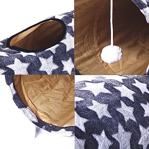 Cat Tunnel -Straight-Shaped, Gray Star Pattern, Soft Velvet Exterior, Oxford Fabric Fog-Proof Interior, Plush Toy Ball, Easily Washable, Conveniently Foldable, 47.2in/120cm