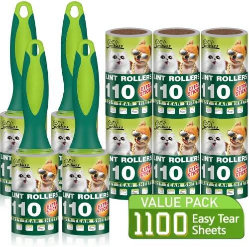 Extra Sticky Lint Rollers for Pet Hair, 1100 Sheets Total, Upgraded 4 Handles with 10 Refills Portable Travel Size for Couch Furniture Clothes Dog & Cat Hair Remover