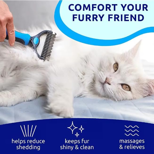 Undercoat Rake and Dematting Brush for Dogs & Cats - Professional 2-in-1 Pet Grooming Tool - Removes Stubborn Mats, Knots, and Tangles Safely and Gently - Reduces Shedding for Heavy-Coated Pets (Blue)