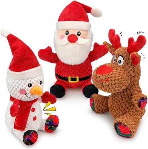 Dog Toys Set - 3 Pack Durable Squeaky Dog Toys for Small & Medium Dogs, Soft Plush Santa, Reindeer & Snowman Gift for Dogs