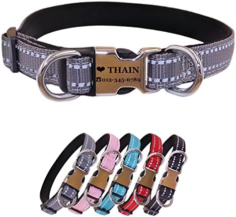 THAIN Reflective Personalized Dog Collar Engraved Custom Buckle- Soft Nylon Pet Collar with Name Plate Engraved Name, Phone Number, Silent,No Noise Adjustable (M, Gray)