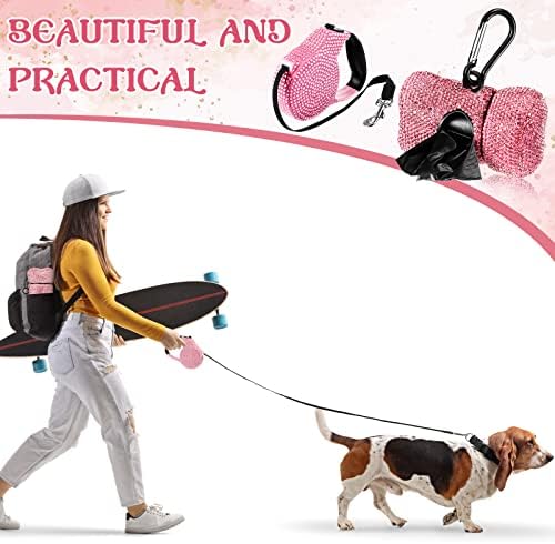 LEIFIDE 2 Pack Rhinestone Retractable Dog Leash and Bag Holder Set Pink Bling Bone Shaped Pet Waste Bags Dispenser with Metal Clip Heavy Duty Dog Leash for Most Puppy