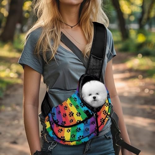 COEQINE Dog Carrying Sling Bag Rainbow Paw Print Puppy Carrier Bag Strap
