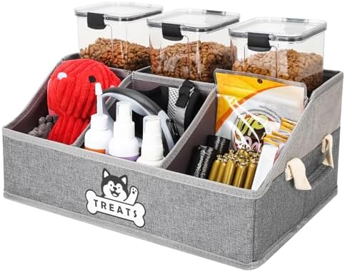 Dog Treat Storage Organizer for Countertop with Fabric Handle and Dividers