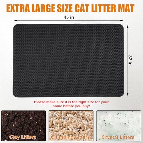 Cat Litter Mat - Extra Large XL 45"x32" Cat Litter Trapping Mat,Honeycomb Double Layer Traps Litter,Washable & Urine Proof,Non-Toxic,Soft EVA Litter Box Mat for Multi-Cat Homes(Black)