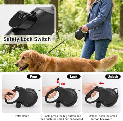 Segarty 26 Ft Walking Lead with Poop Bag Holder for Dogs 66 lbs - 110 lbs, 360°Tangle-Free Leash with Anti-Slip Handle & One-Handed Brake Pause Lock, 8m Retractable Leash for Dog Pets Outside Activity