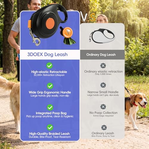 Retractable Dog Leash 26FT for Medium & Large Dogs, Sturdy Heavy-Duty Nylon Tape with Secure Locking Carabiner & Poop Bag Holder, Smooth One-Hand Control, Anti-Slip Handle, Tangle-Free Design (Black)
