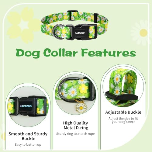 Kazazoo Dog Collar Cute and Soft Nylon Puppy Collar for Boy and Girl Dogs, Adjustable Dog Collars for Extra Small Dogs, Green Daisy-XS